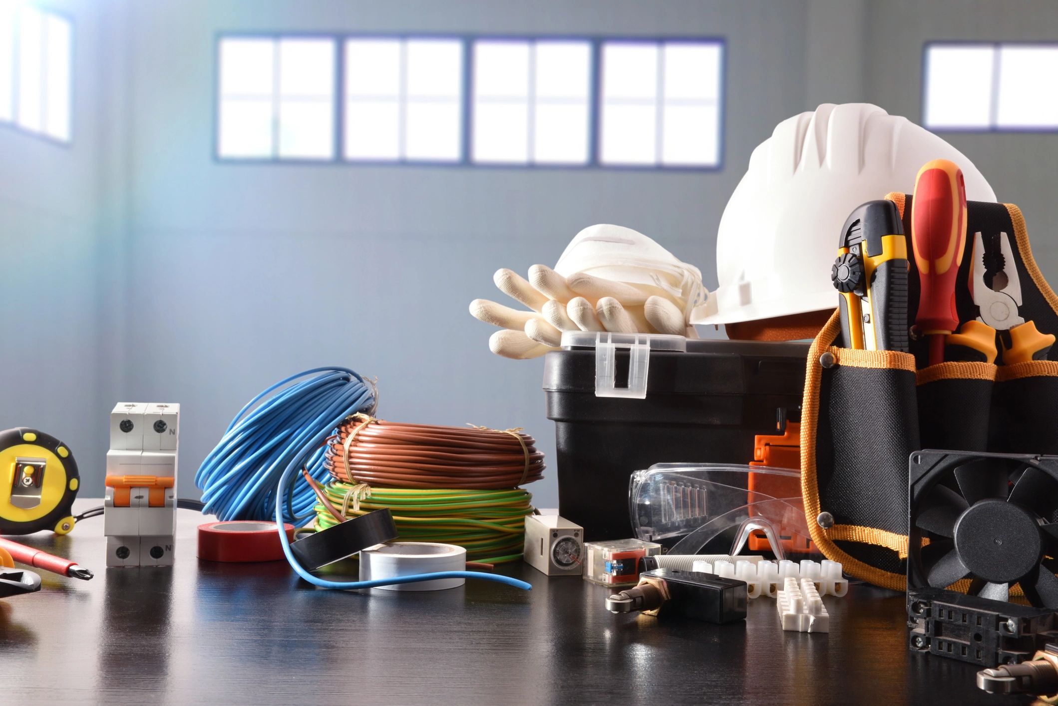 Electrical tools and cables neatly arranged on a workbench.